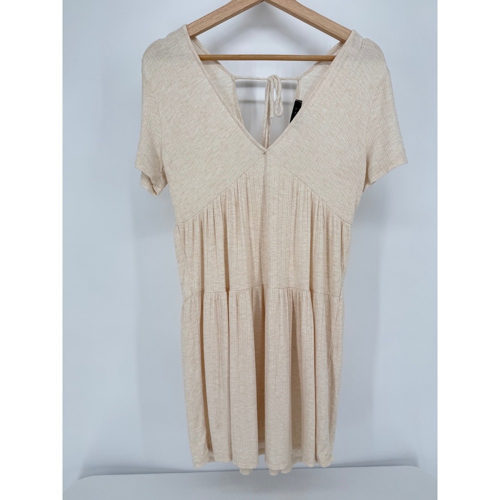 21Saints Babydoll Dress Womens Medium Oatmeal‎ Beige Ribbed Knit V-Neck Mini